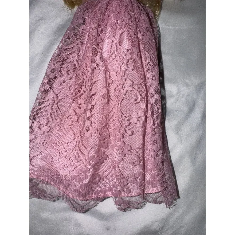 Vintage Blonde Hair BARBIE Doll MATTEL 1966 Body Pink Lace Long Gown Dress